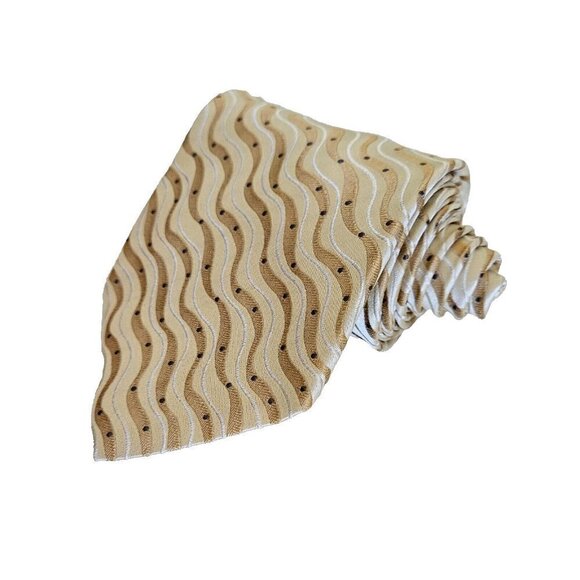 Sazzari Tie Gold White Waves Embroidery Grey Dots 100% SIlk L 56.5 in W 3.75 in - Picture 3 of 13